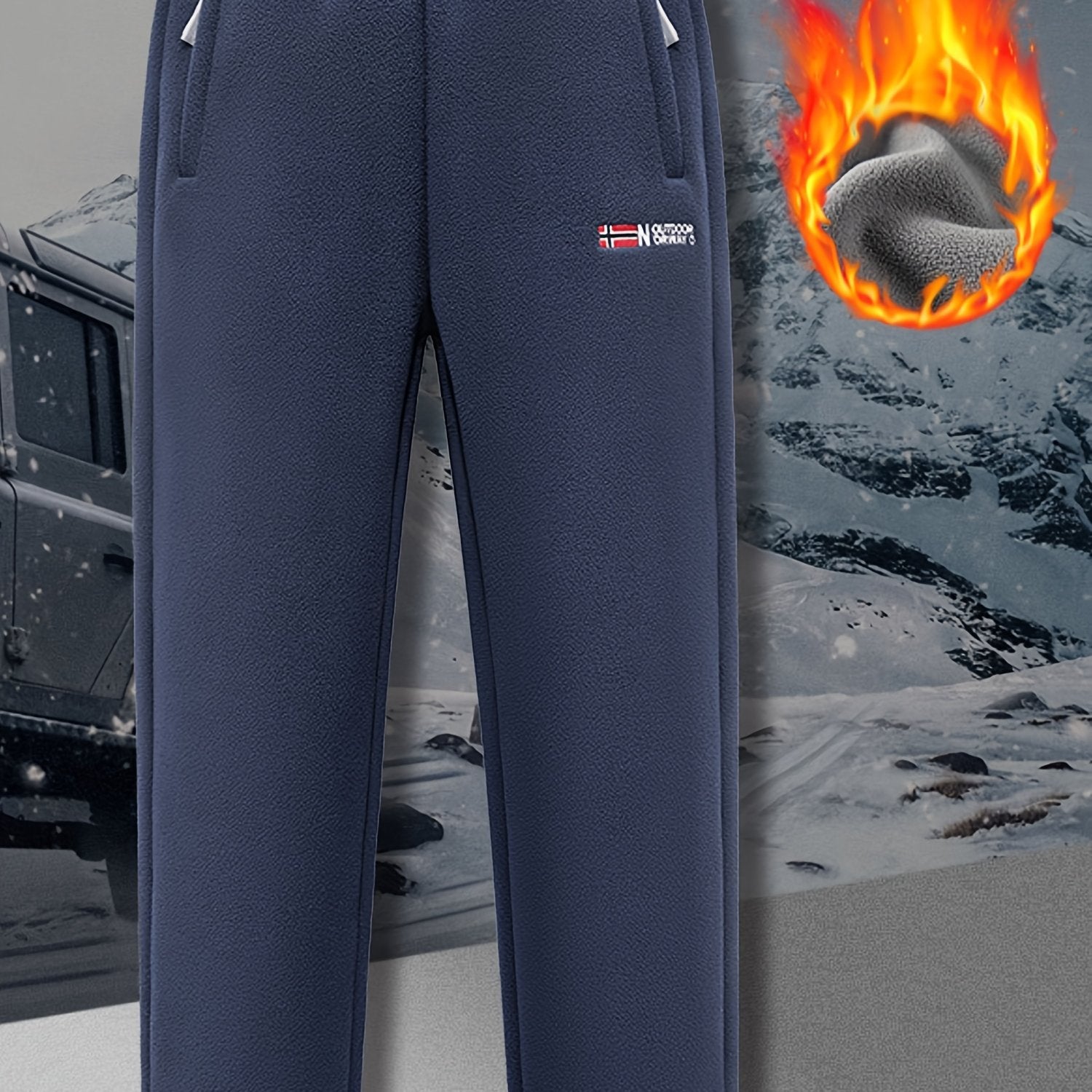 Tashqi sport va tasodifiy piyoda yurish uchun mo'ljallangan erkaklar uchun to'la fleytsli uzun shimlar, elastik bilaklar, shamol o'tkazmaydigan tortma bel, zipli cho'ntaklar, tikilgan fleyts va sozlanadigan shim oyoqlari bilan.