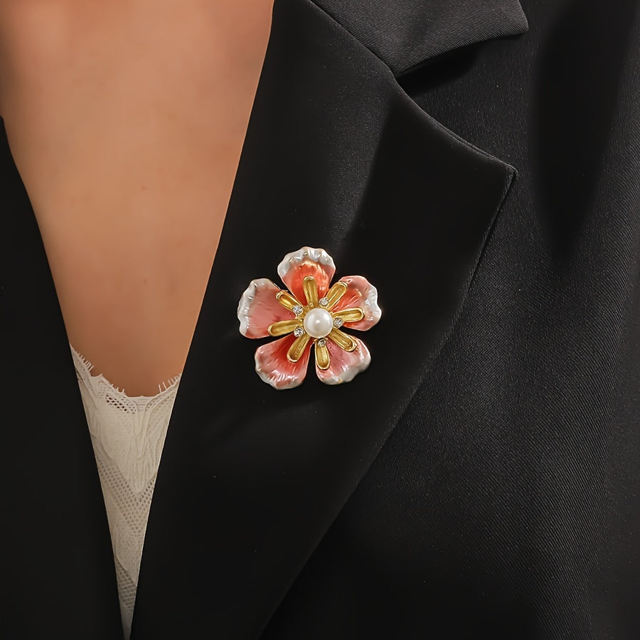 Enamel Flower Brooch with Pearl and Rhinestone Details Elegant Alloy Floral Pin for Women