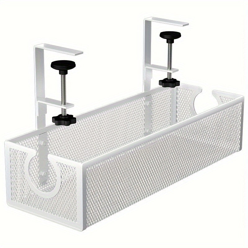 Black Wire Cable Organizer for Office Desks with Metal Arm Under-Desk Storage