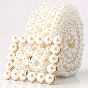 White Faux Pearl Belt for Women Adjustable Waistband with Hollow Out Design Dress Body Jewelry