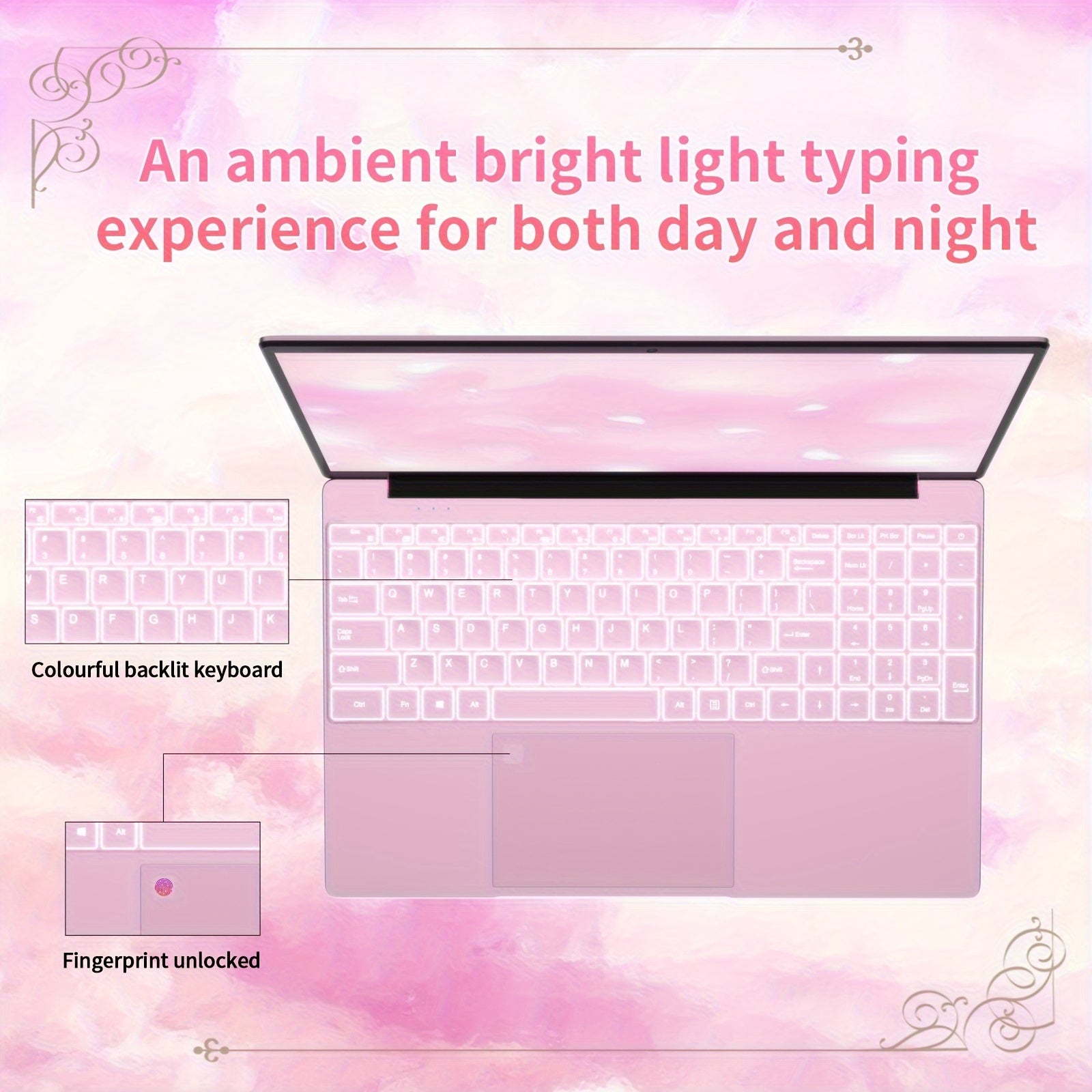 Pink 15.6 Inch Laptop with 8GB DDR4 RAM, 256GB SSD, 1080P FHD Display, Webcam, USB 3.0, Backlit Keyboard