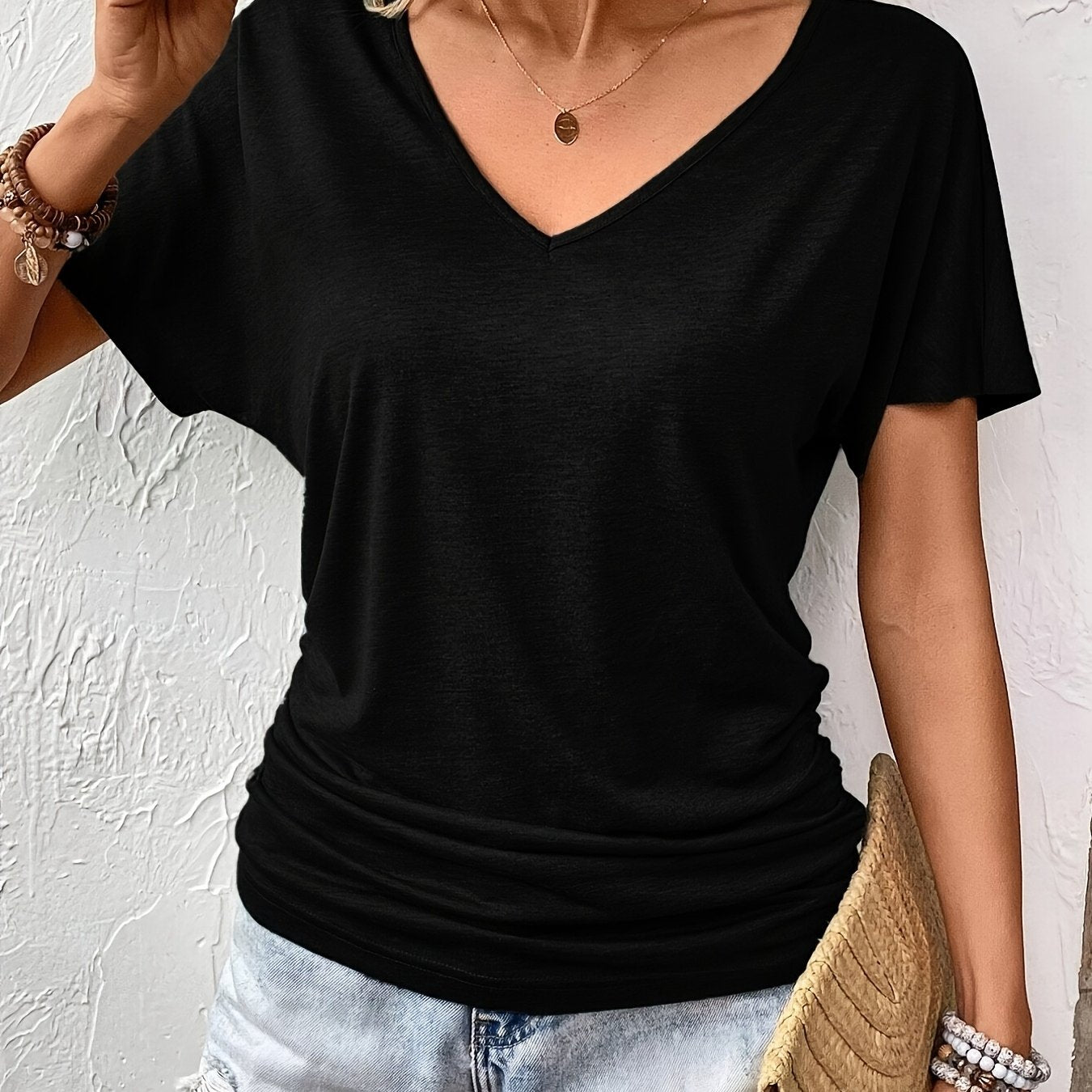Women's V-Neck Short Sleeve Pleated T-Shirt Loose Fit Casual Spring Summer Plus Size