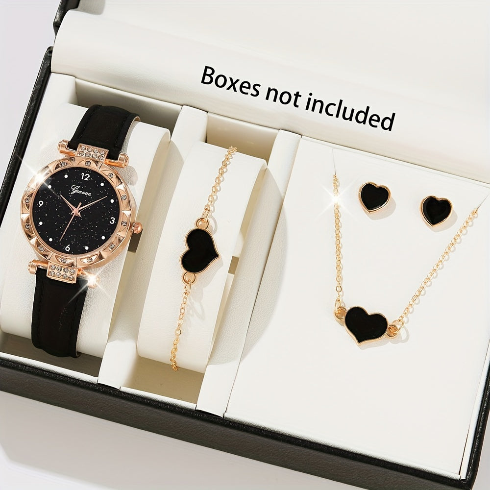 Set of 5 Women's Rhinestone Quartz Watches with Leather Bands and Heart Jewelry Set