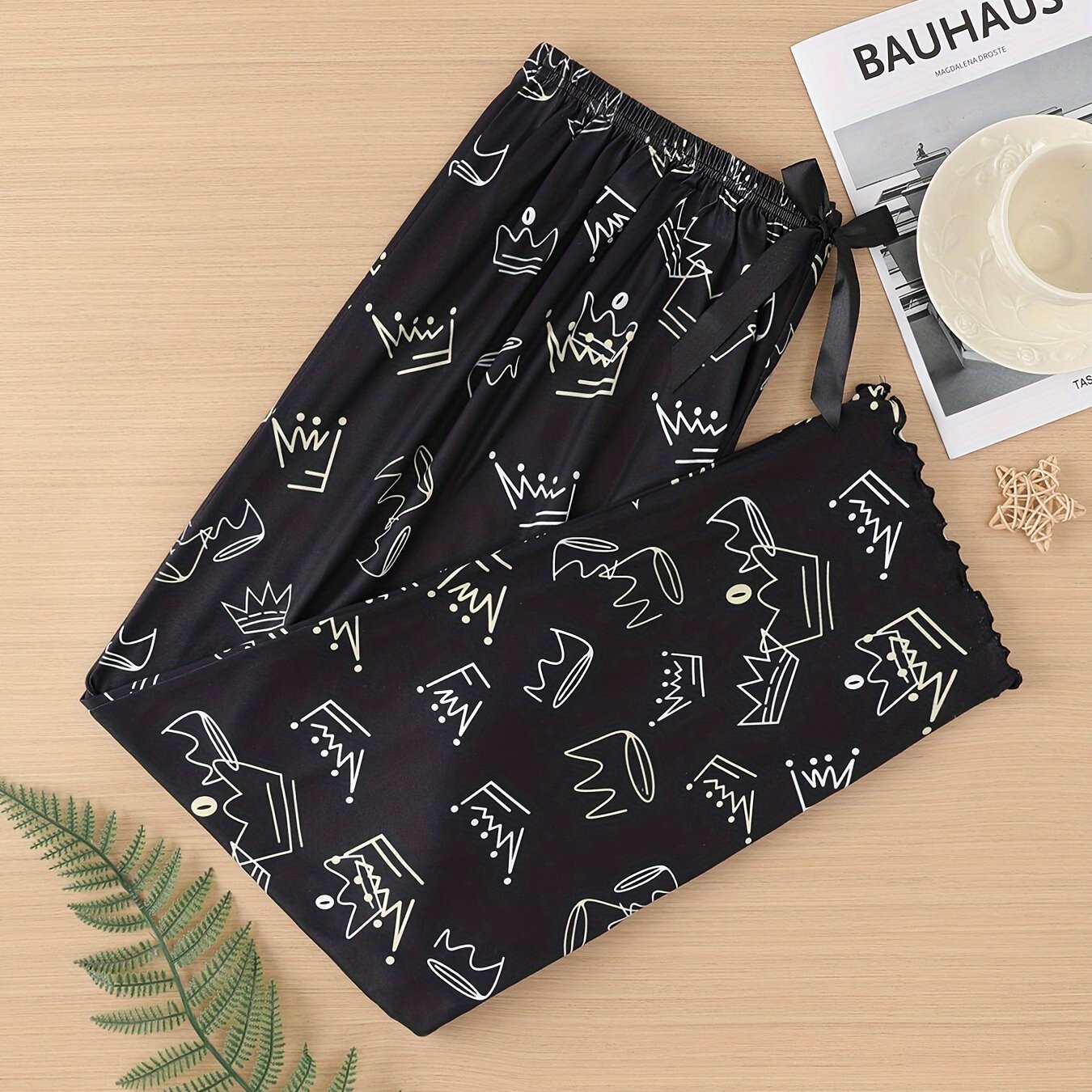Women's Sleep Pants with Crown Print, Bow Detail, Elastic Waist