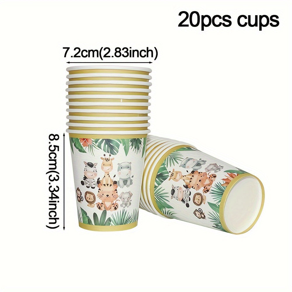 Juego de vajilla con tema de animales de la jungla, 106 piezas: platos, tazas, pañuelos, pajitas y mantel