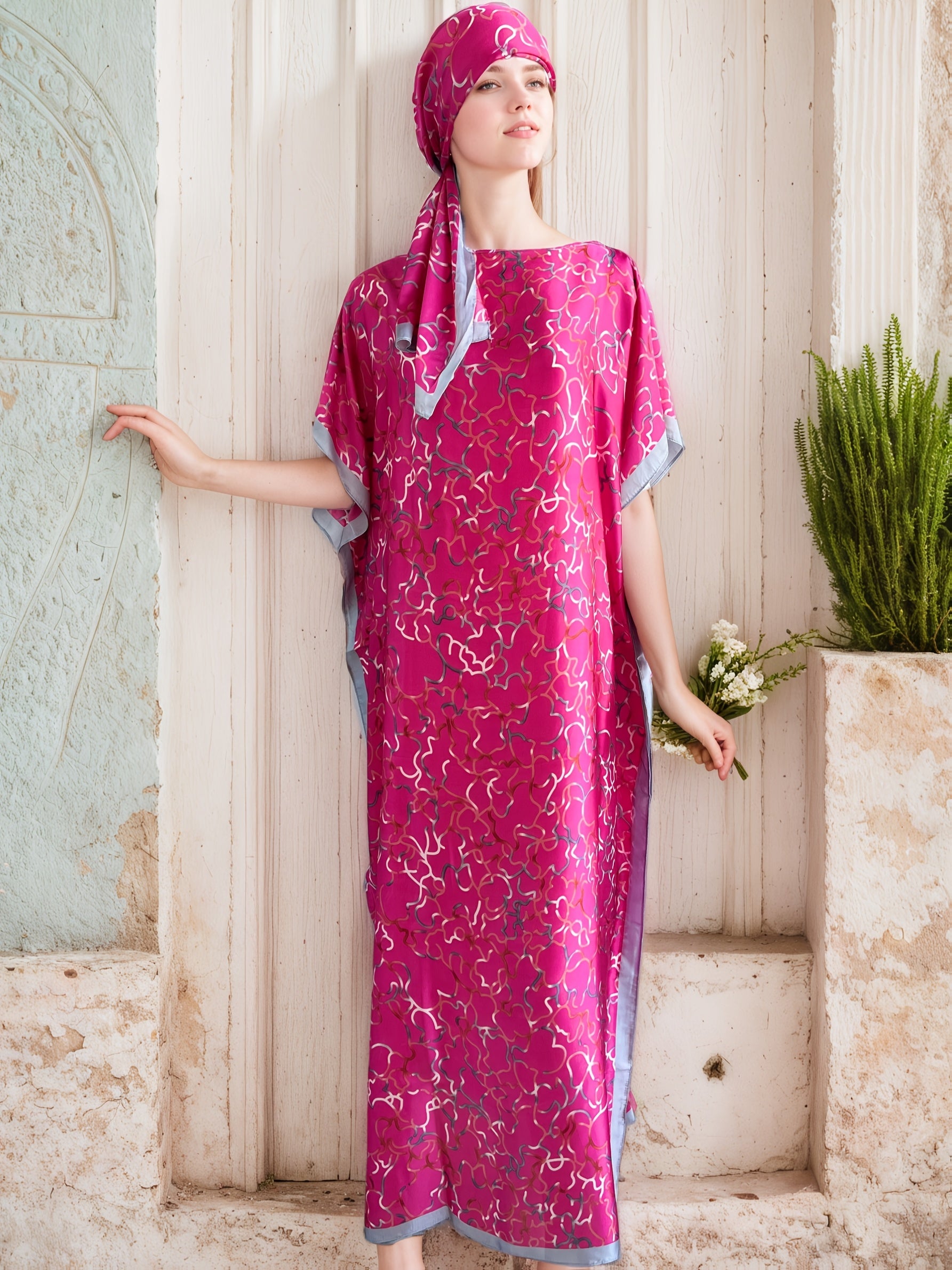 Plus Size Women's Pink Geometric Print Abaya With Headscarf Loose Fit Dress