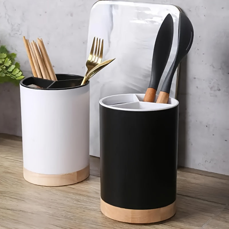Durable 3-Compartment Plastic Kitchen Utensil Holder with Removable Dividers
