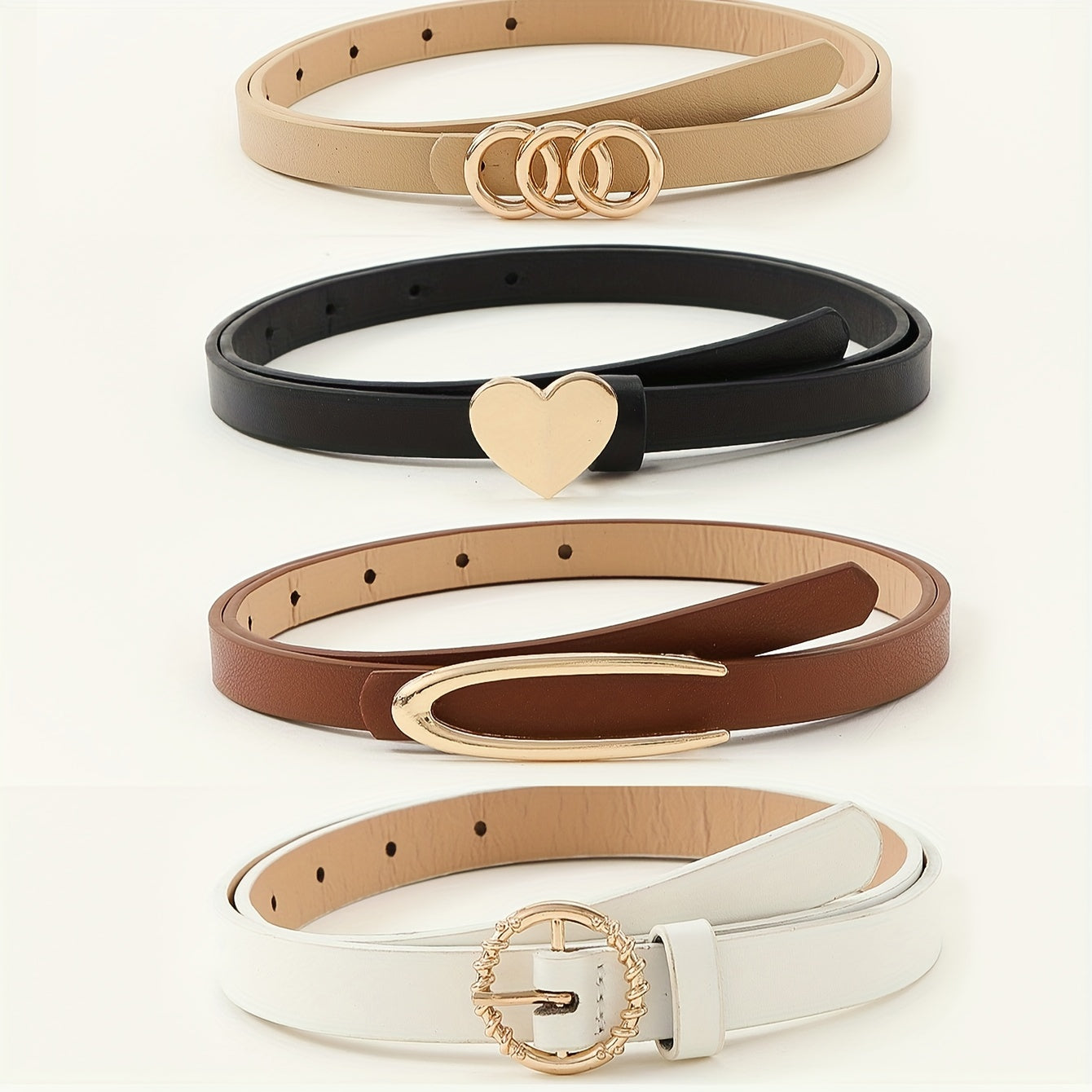 Набор из 5 женских ремней из искусственной кожи с пряжками в виде сердечек и кругов, тонкие пояса для платьев и костюмов