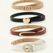 Set of 5 Women's PU Leather Belts with Heart and Circle Buckles Slim Waistbands for Dresses and Suits