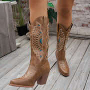 Women's Faux Leather Western Cowboy Boots Slip-On Pointed Toe Chunky Heel Blue and Brown