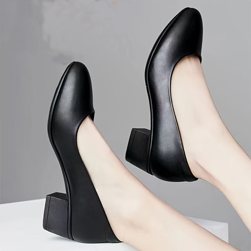 Women's Mid Heel Pumps Solid Black Round Toe Block Heel Dress Shoes