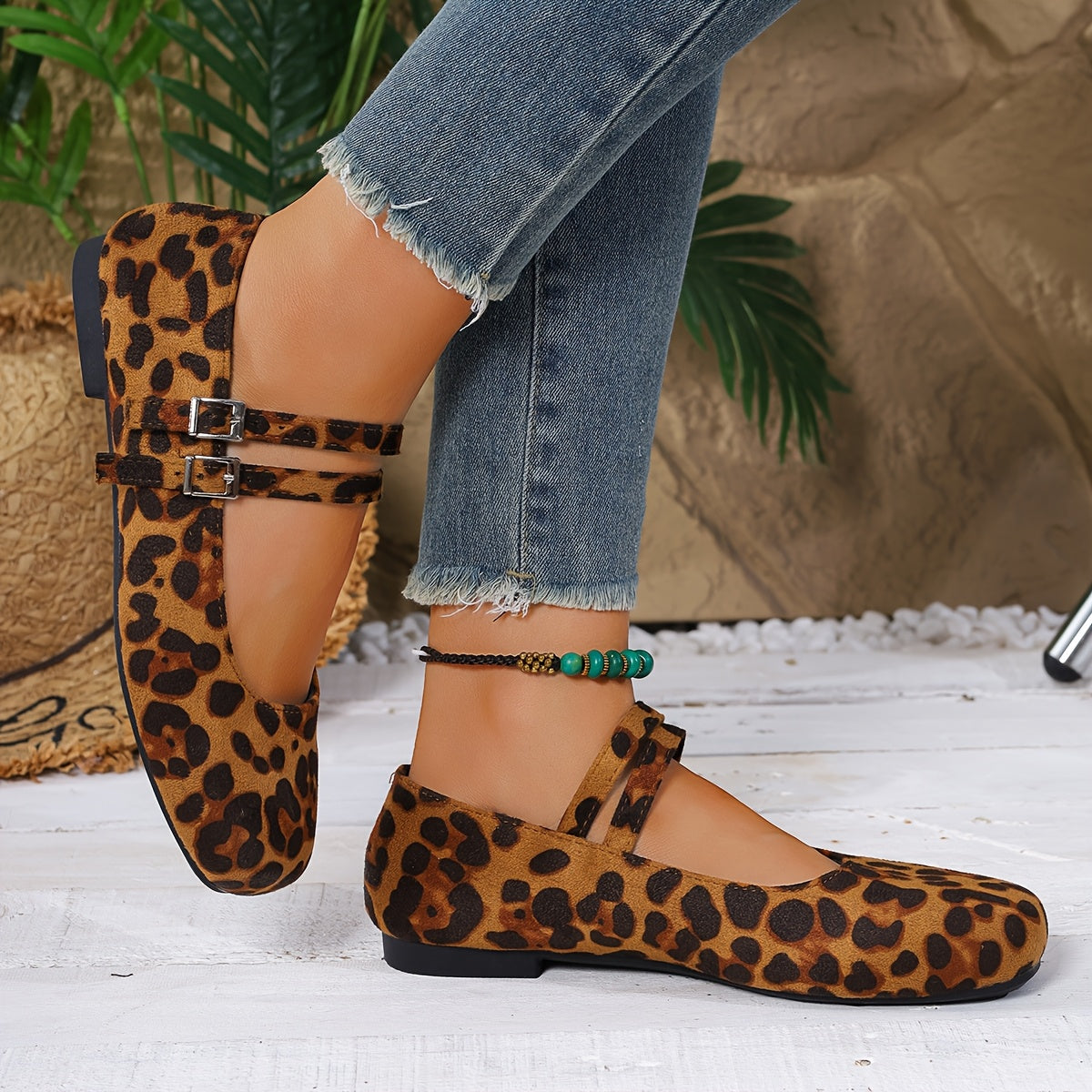 Women’s Leopard Print Mary Jane Flats Casual Slip-On Breathable Fabric
