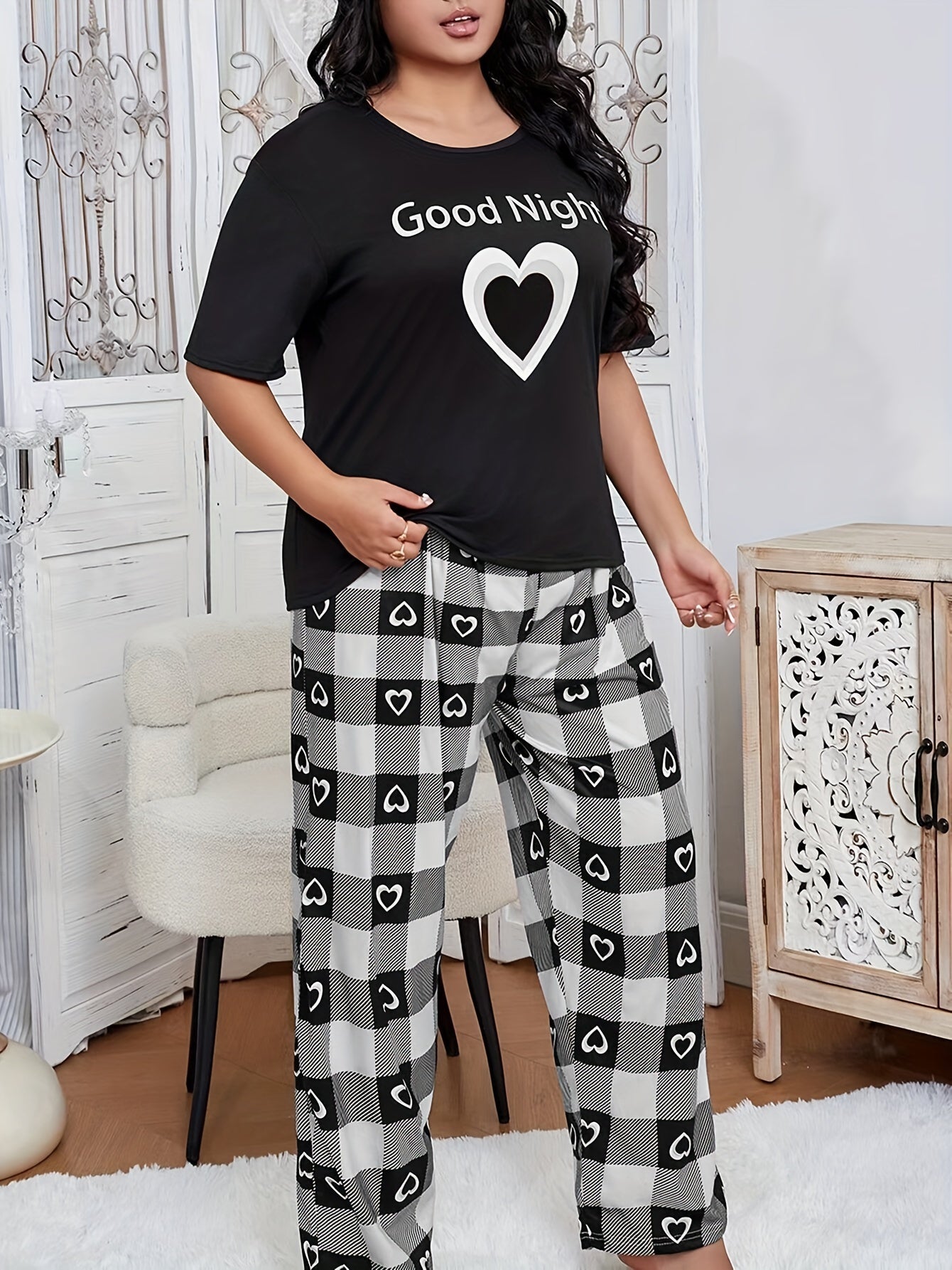 Women's Heart Print Casual Loungewear Set Black Short Sleeve Top and Pants