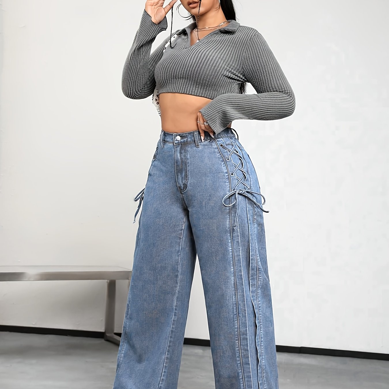 Plus Size Women's Wide Leg Casual Jeans With Side Tie Elastic Waist
