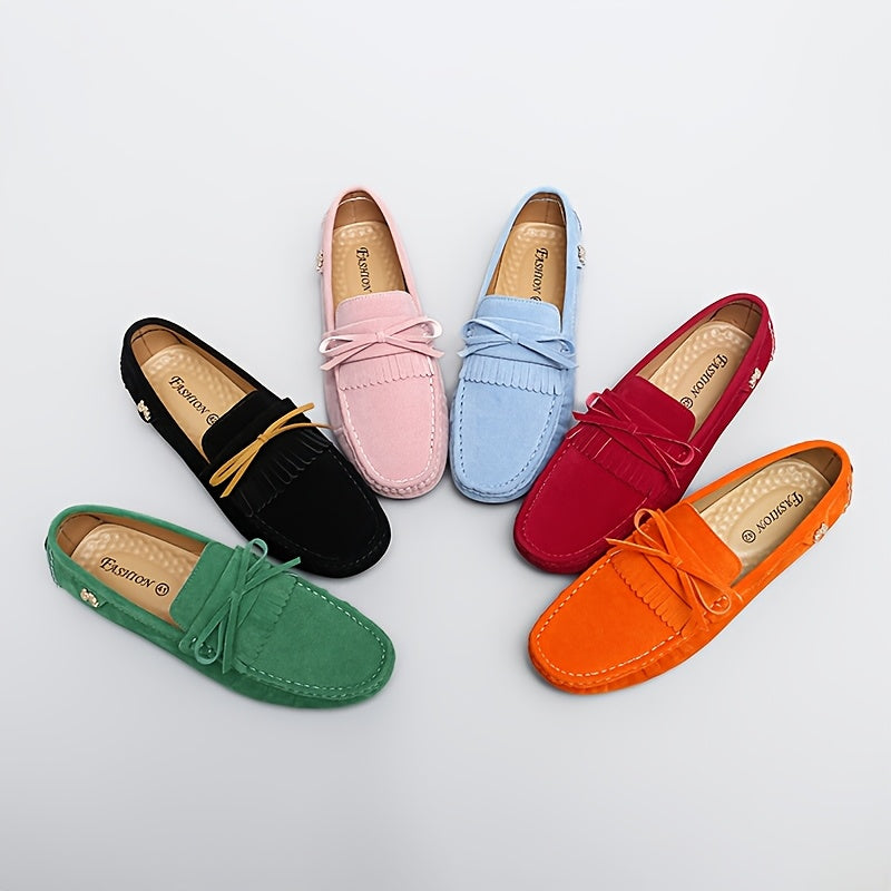 Women's Slip-On Loafers Microfiber Bowknot Tassel Casual Shoes Black Pink Blue Red Green