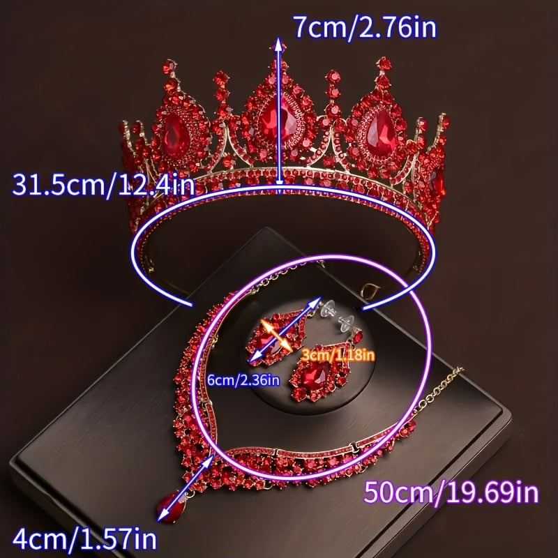 European Style Bridal Rhinestone Hair Accessories Set with Crown Necklace and Earrings