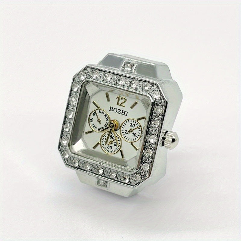 Square Quartz Finger Ring Watch for Women with Rhinestone Sparkle Jewelry