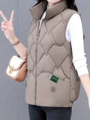 Women's Polyester Vest with Quilted Stand Collar Zipper Closure Pleated Hem Fall Winter Casual