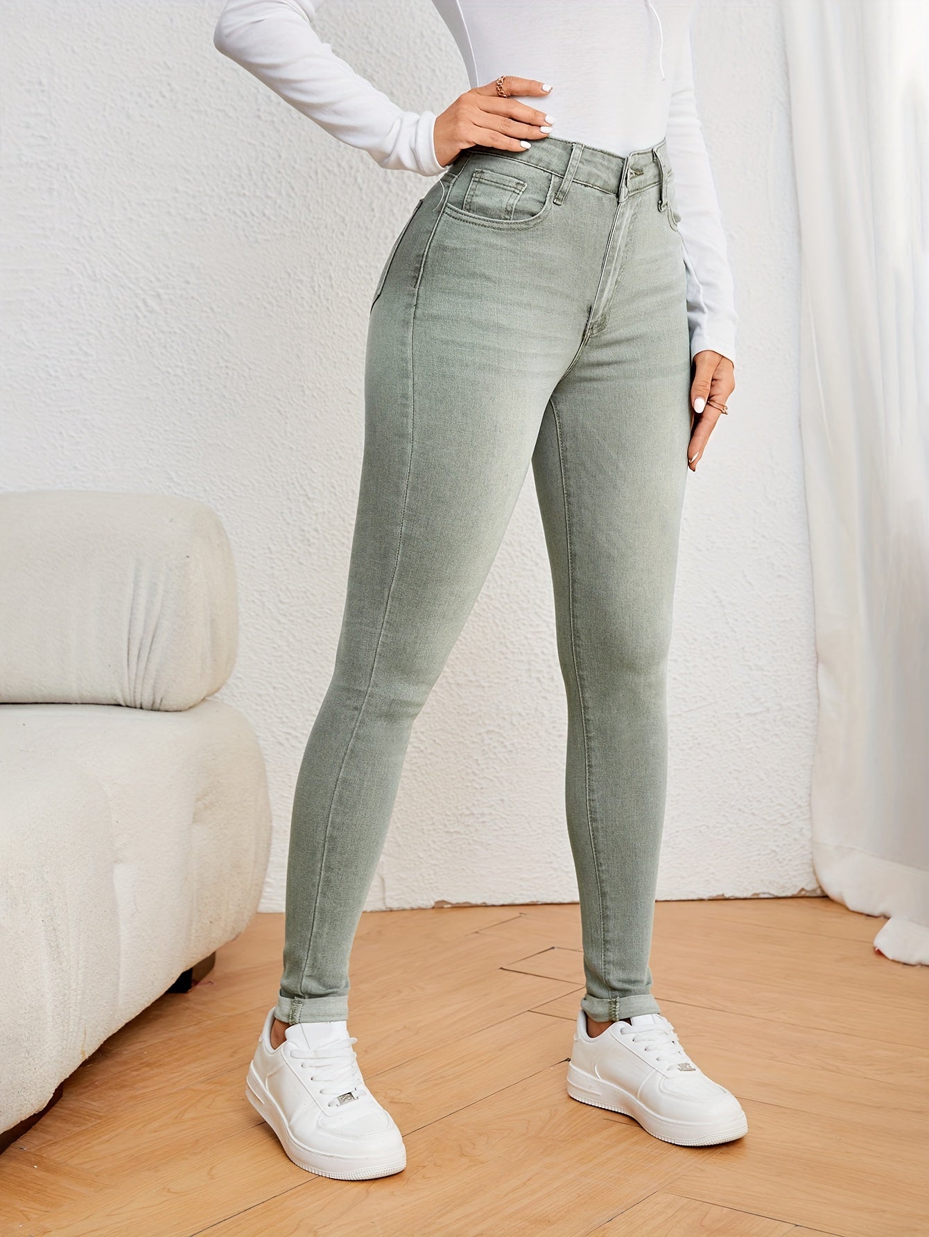 Women's Skinny Jeans Solid Color Washed Denim Medium Stretch Woven Fabric Casual All-Season