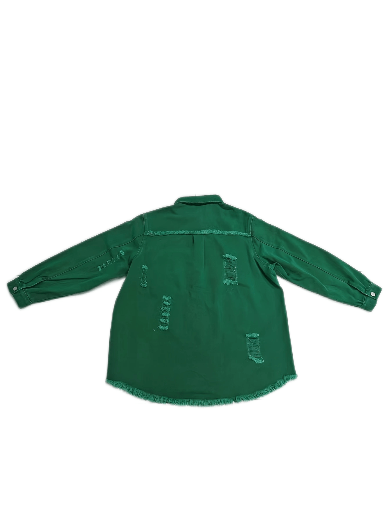 Women's Plus Size Distressed Denim Shirt with Raw Hem and Flap Pockets