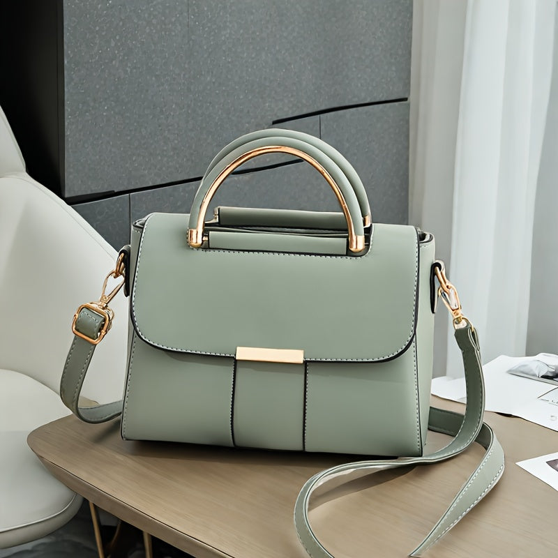 Women's Mint Green Striped PU Handbag with Adjustable Strap and Magnetic Closure