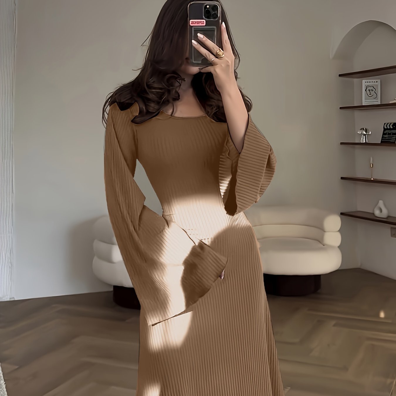 Women's Solid Color Ribbed Knit Dress with Long Bell Sleeves and Back Tie