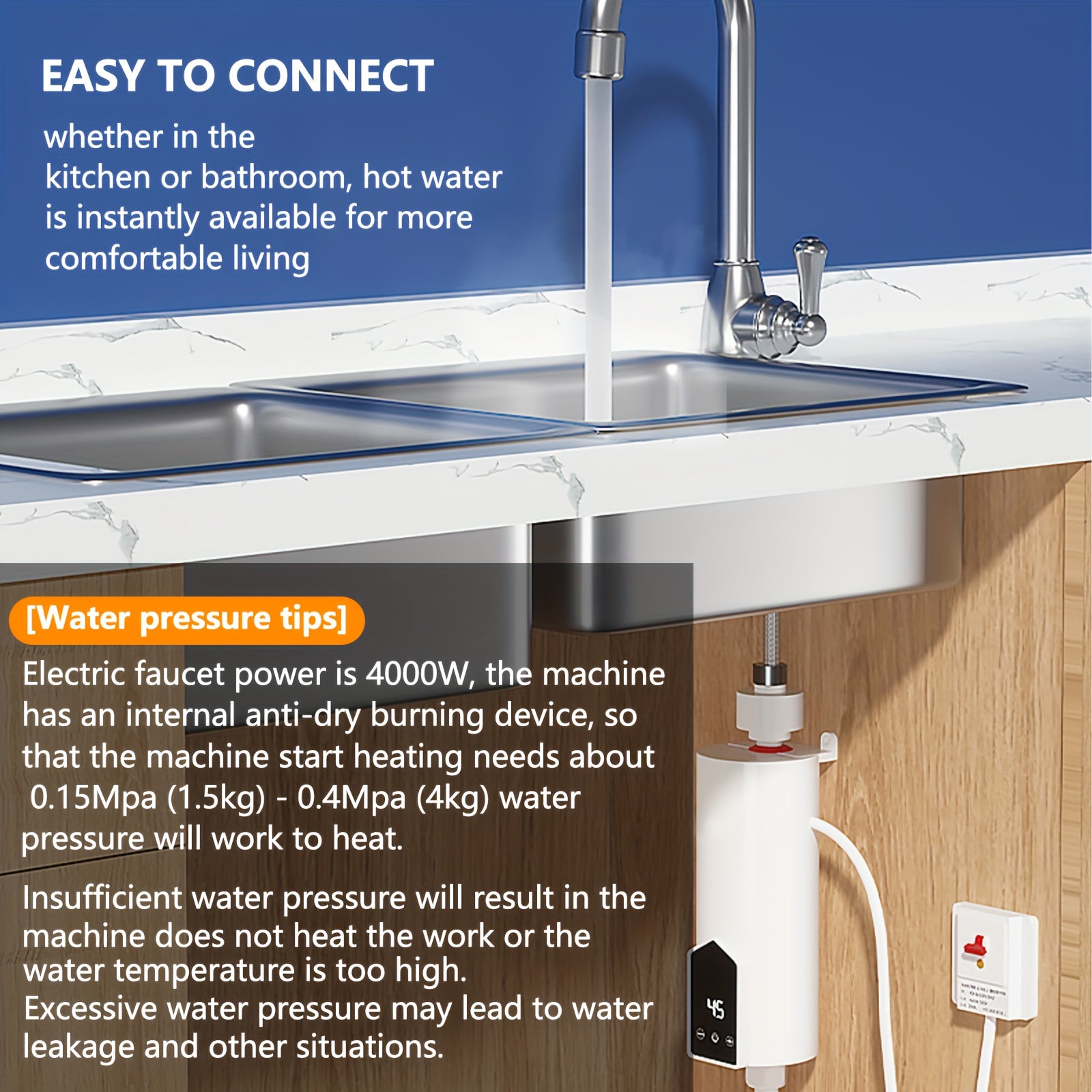 4000W Electric Tankless Water Heater with HD LED Display Fast Heating Overheat Protection White