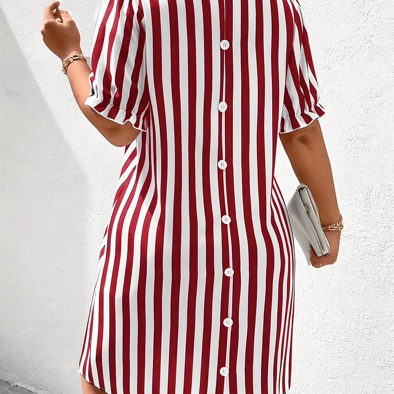 Plus-Size Striped Dress with Flutter Short Sleeves and V-Neck for Women