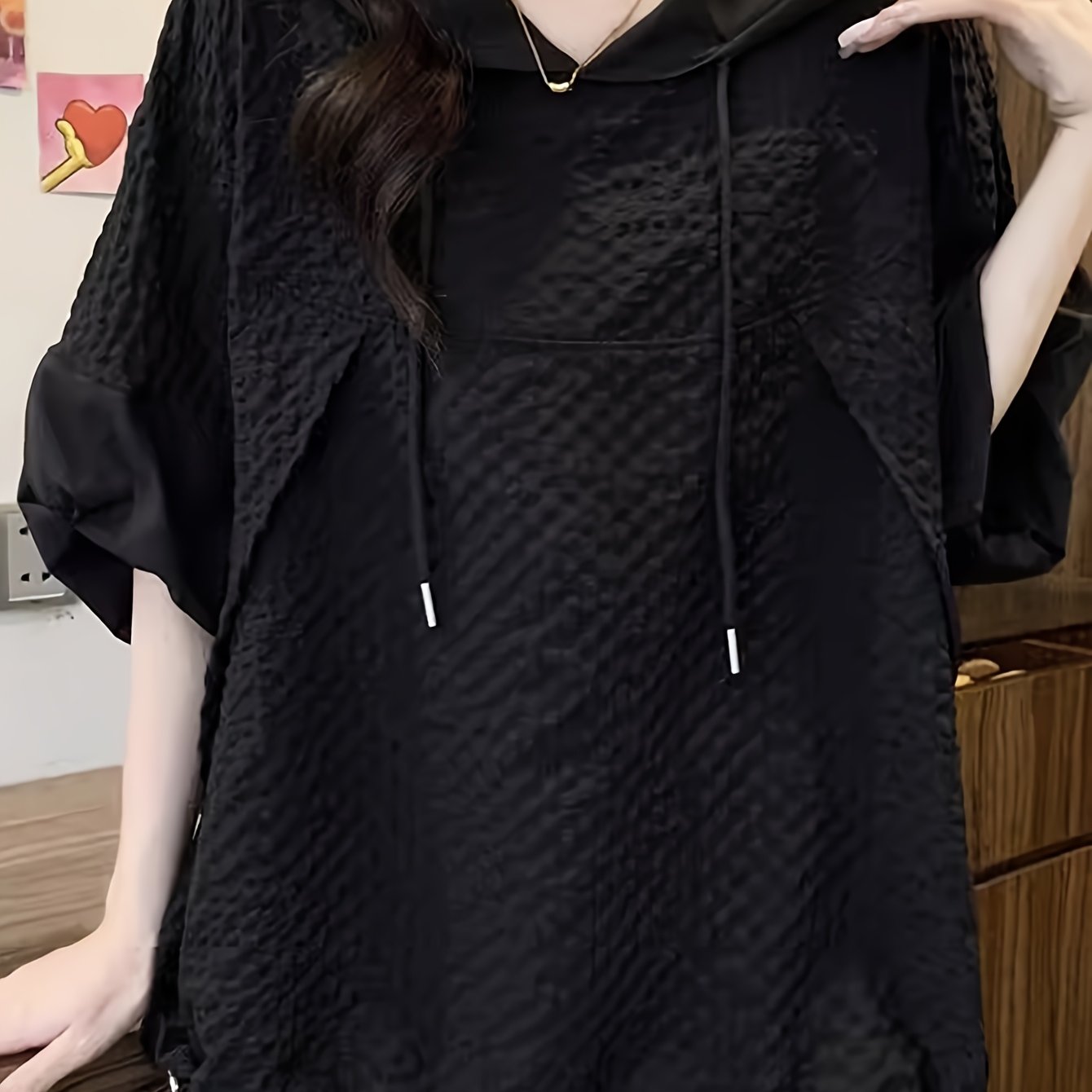 Plus Size Women's Casual Hoodie with Drawstring Short Sleeve Black