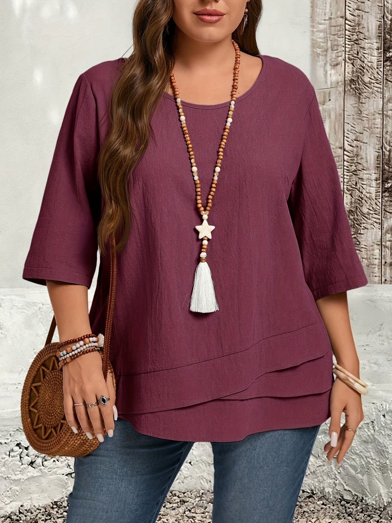 Plus Size Beige Blouse Women’s Casual Formal Top with Asymmetrical Hem