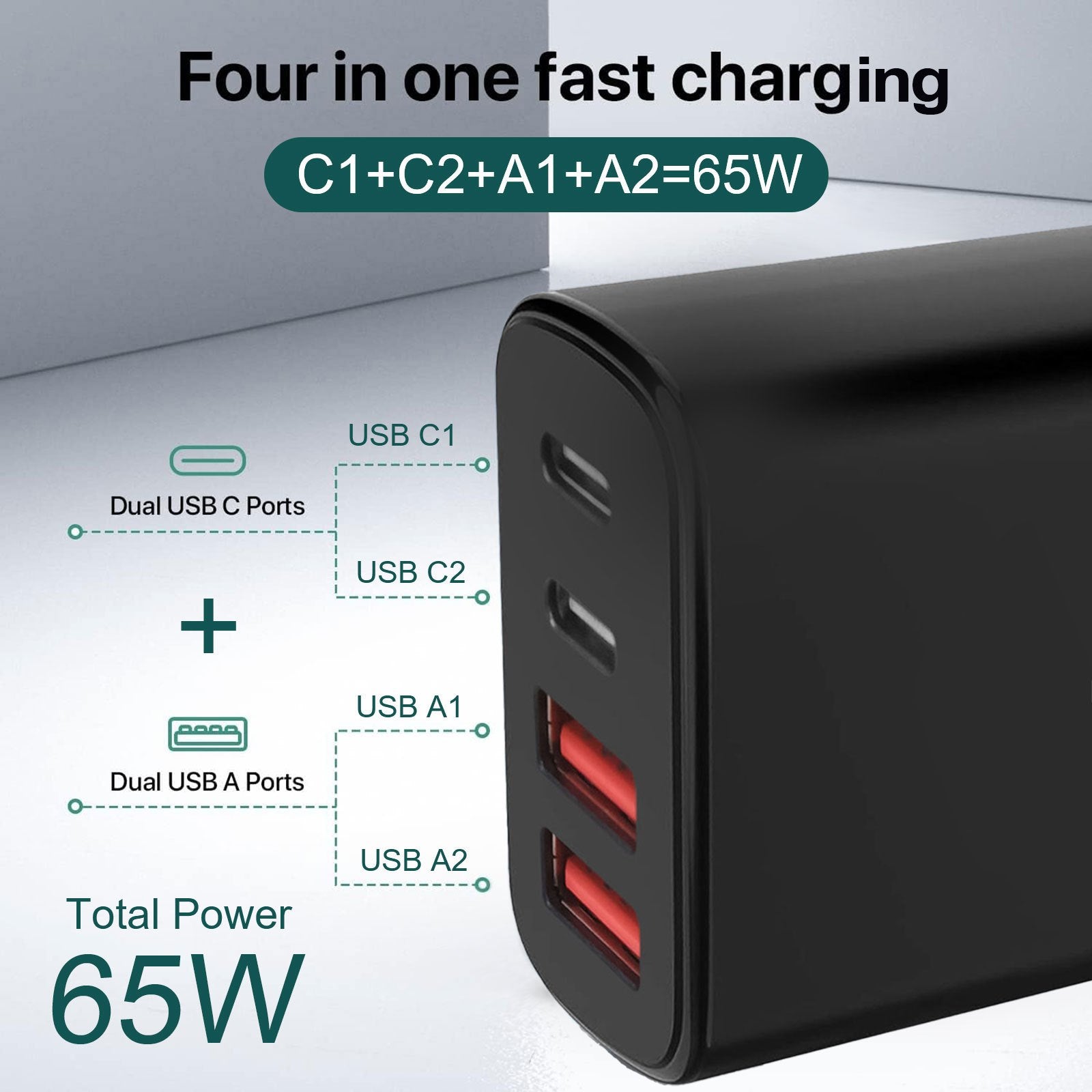 Fast Charging 4-Port USB Type C Wall Charger 10-20W European Plug Travel Compatible with iPhone iPad AirPods Galaxy