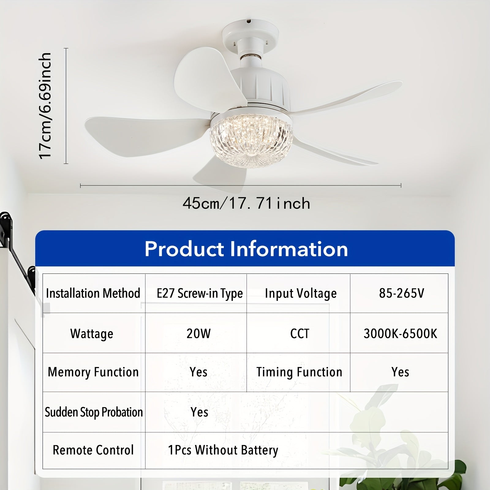 Dimmable Ceiling Fan with Light Remote Control Modern White for Bedroom Kitchen Living Room