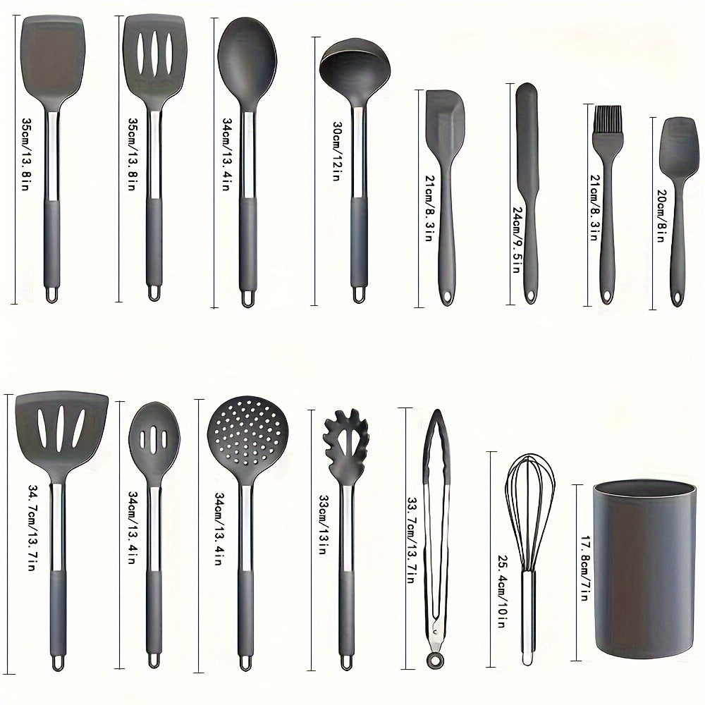 15-Piece Silicone Kitchen Utensil Set with Stainless Steel Handles for Cooking
