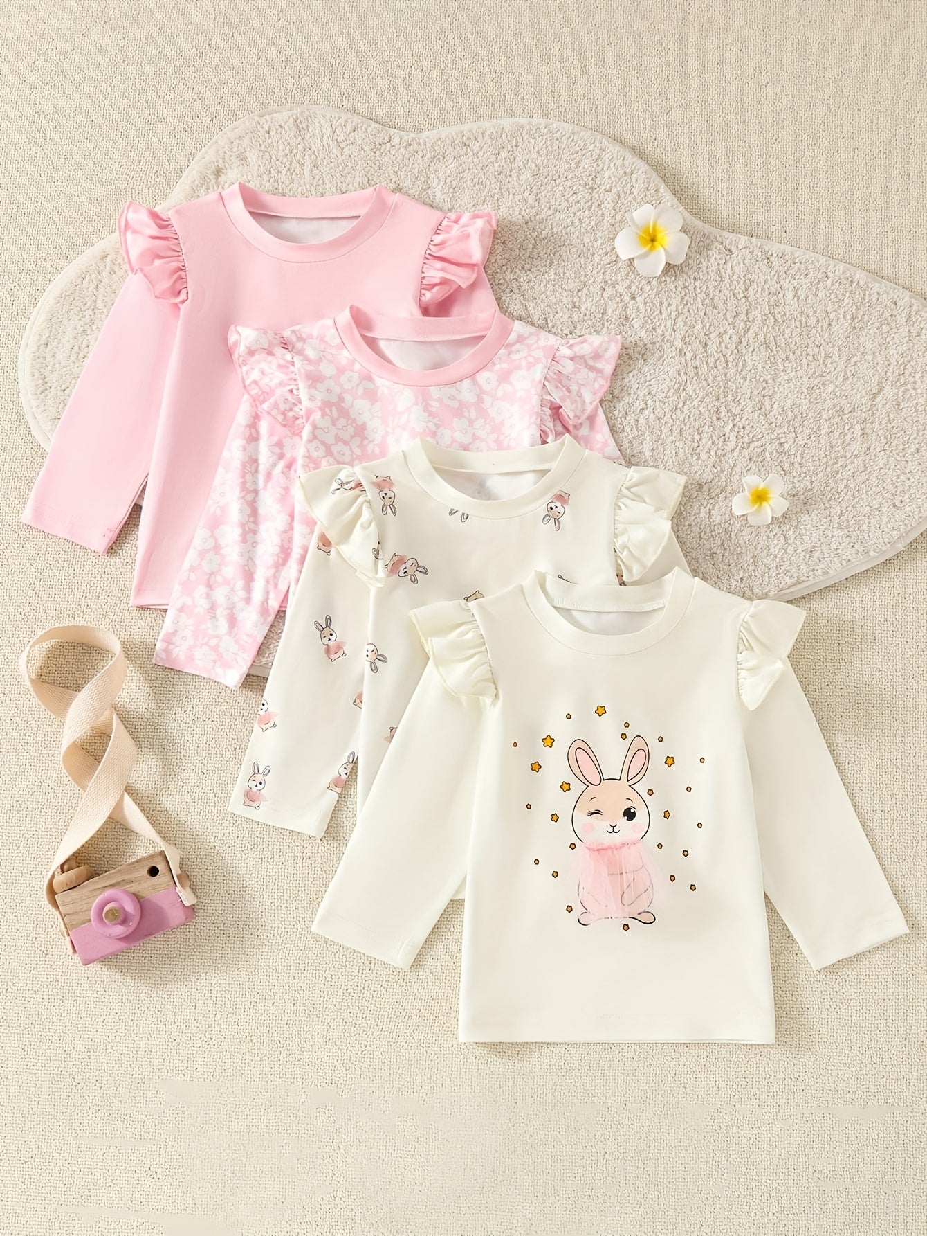 Baby Girl T-Shirt Set Long Sleeve Rabbit Print Geometric Pattern for All Seasons