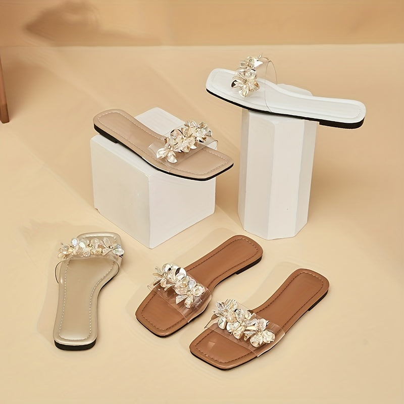 Women's Rhinestone Floral Slip-On Sandals with Square Toe and Flat Soft Sole