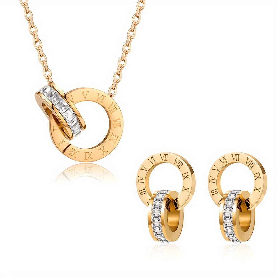 Roman Numeral Jewelry Set in 18K Gold Plated Tone Necklace and Earrings for Women
