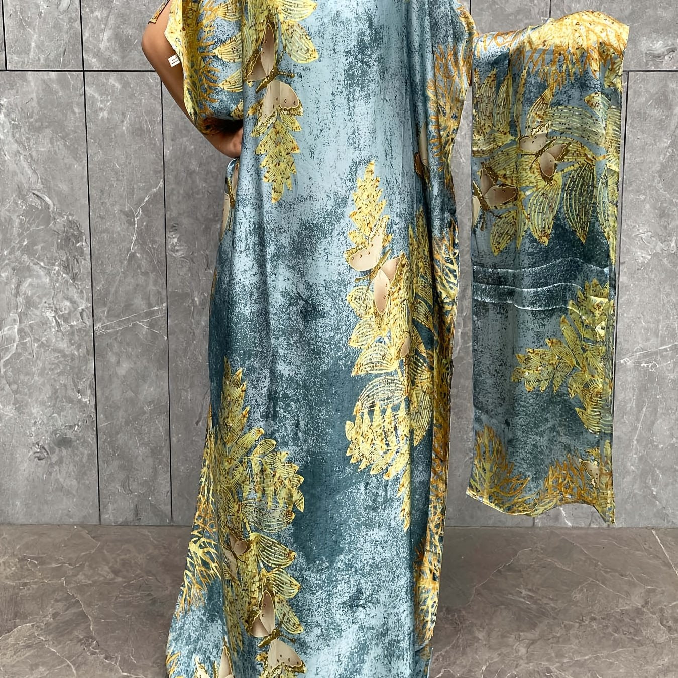 Plus Size Floral Print Tunic Dress With Scarf Polyester Crew Neck Batwing Sleeve