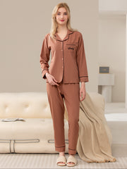Women's Lounge Set Long Sleeve Lapel Collar Elastic Pants Casual Sleepwear