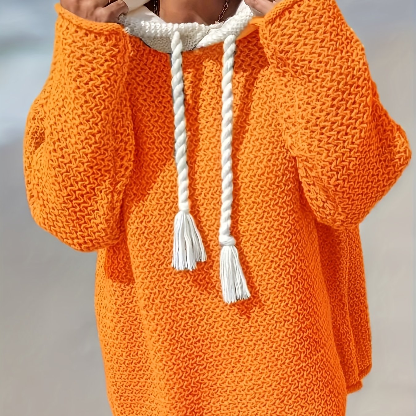 Plus Size Women's Beige Hooded Sweater with Tassel Detail Long Sleeve Pullover for Fall Winter