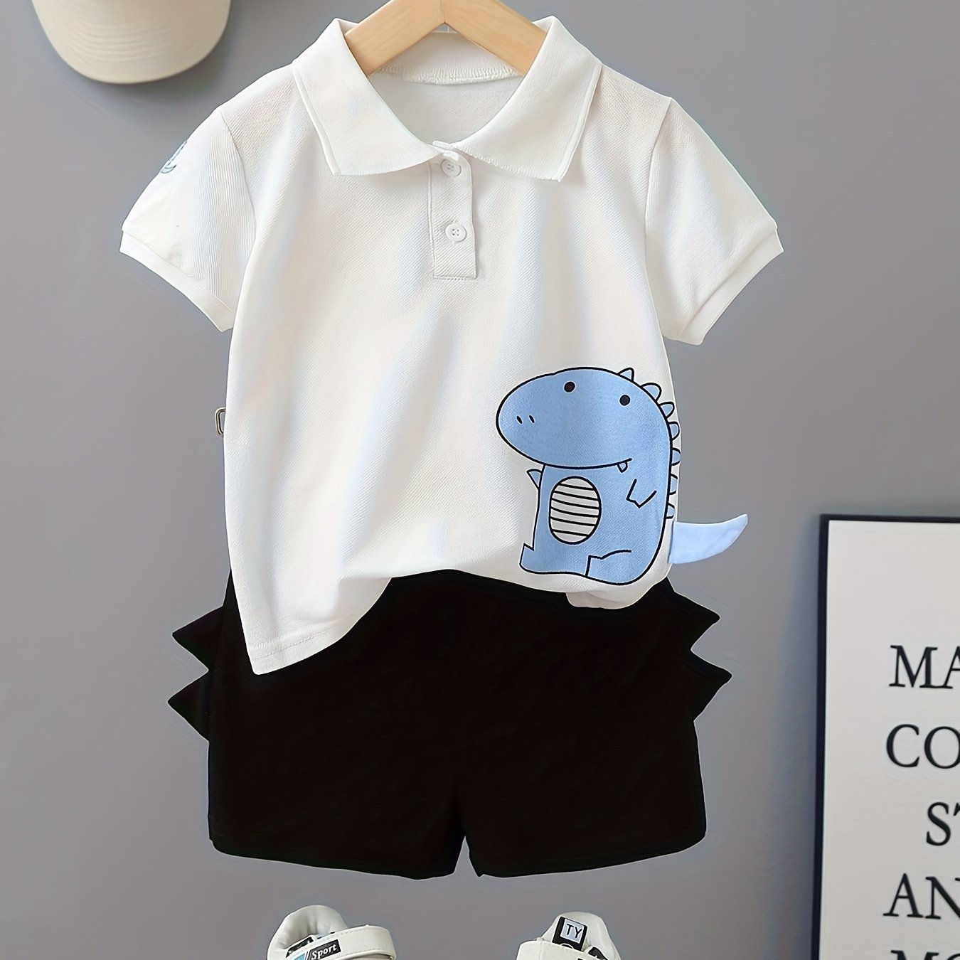 Toddler Boys Set with Dinosaur Print Short Sleeve Shirt and Elastic Waist Shorts for Summer Outdoor Wear