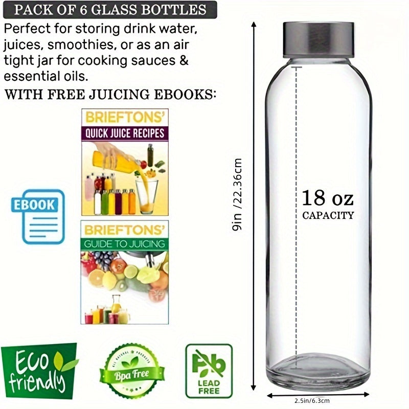 Set of 2/4/6 Clear Glass Bottles with Lids, 18 Oz, Reusable Juice Storage