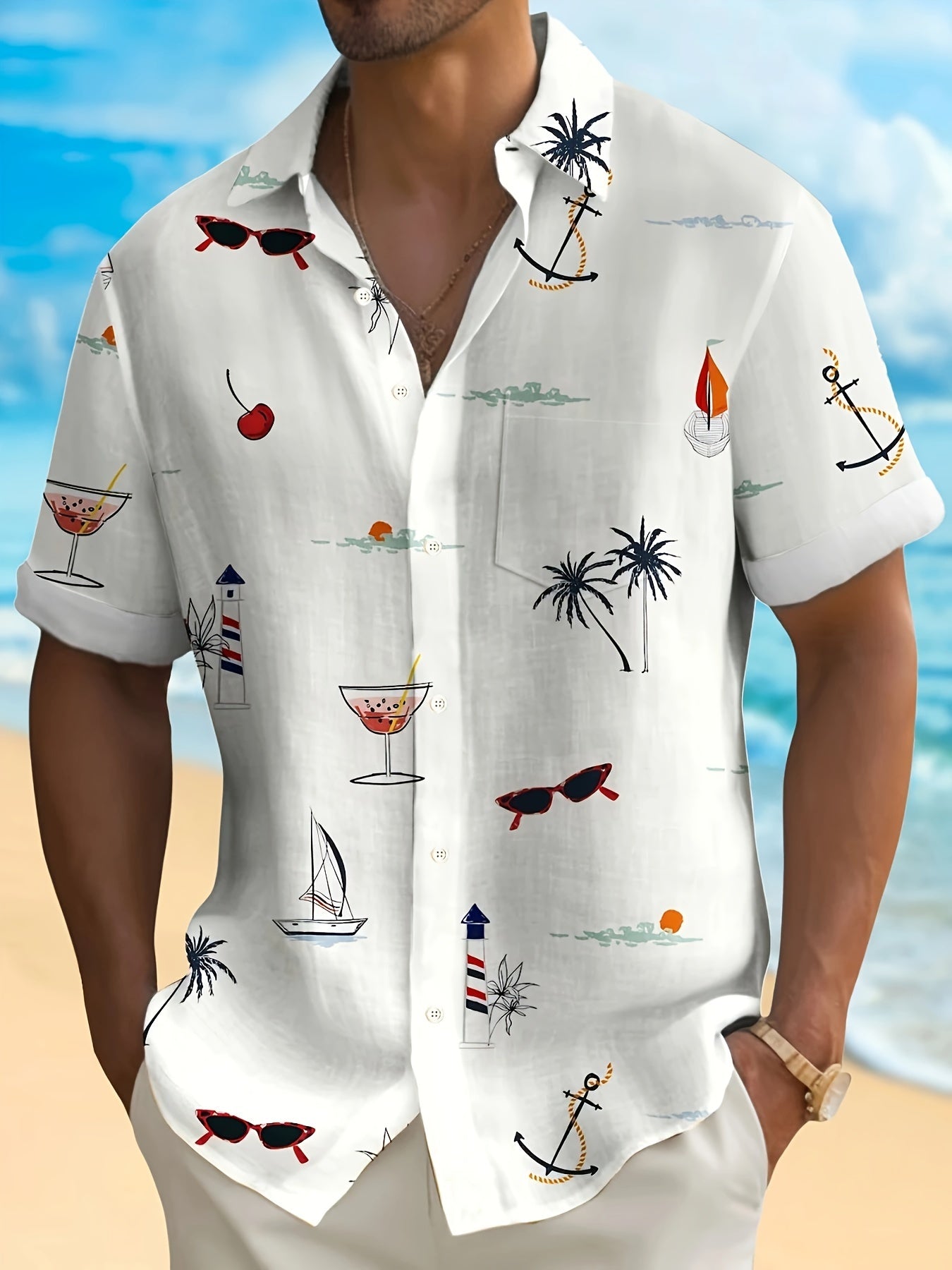 Men's Plus Size Hawaiian Shirt with Coconut Tree Sailboat and Lighthouse Print Short Sleeve Button-Up