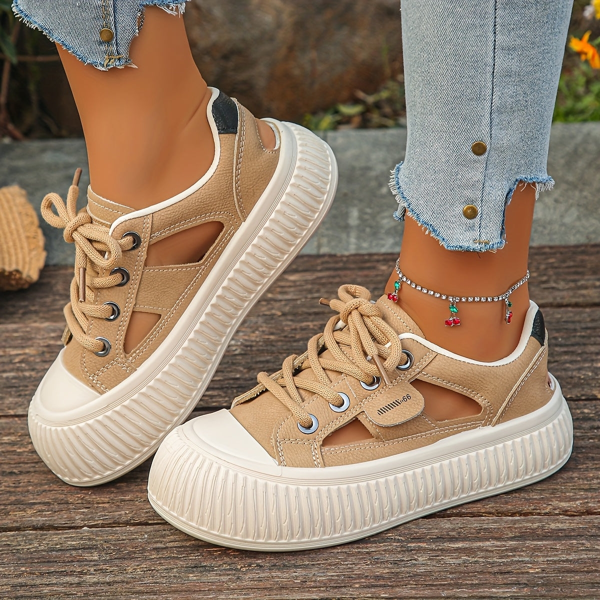 Women's Breathable Mesh Platform Sneakers White Casual Low-Top Lace-Up