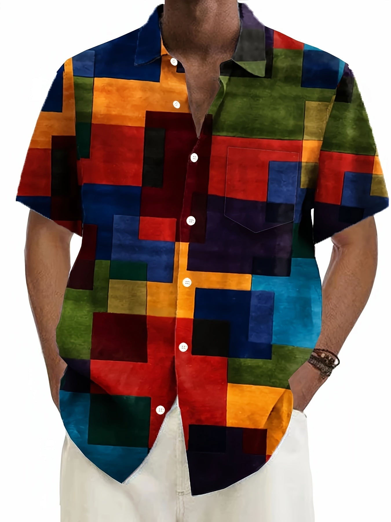 Men's Plus Size Short Sleeve Button-Up Shirt with Geometric Print Polyester Summer