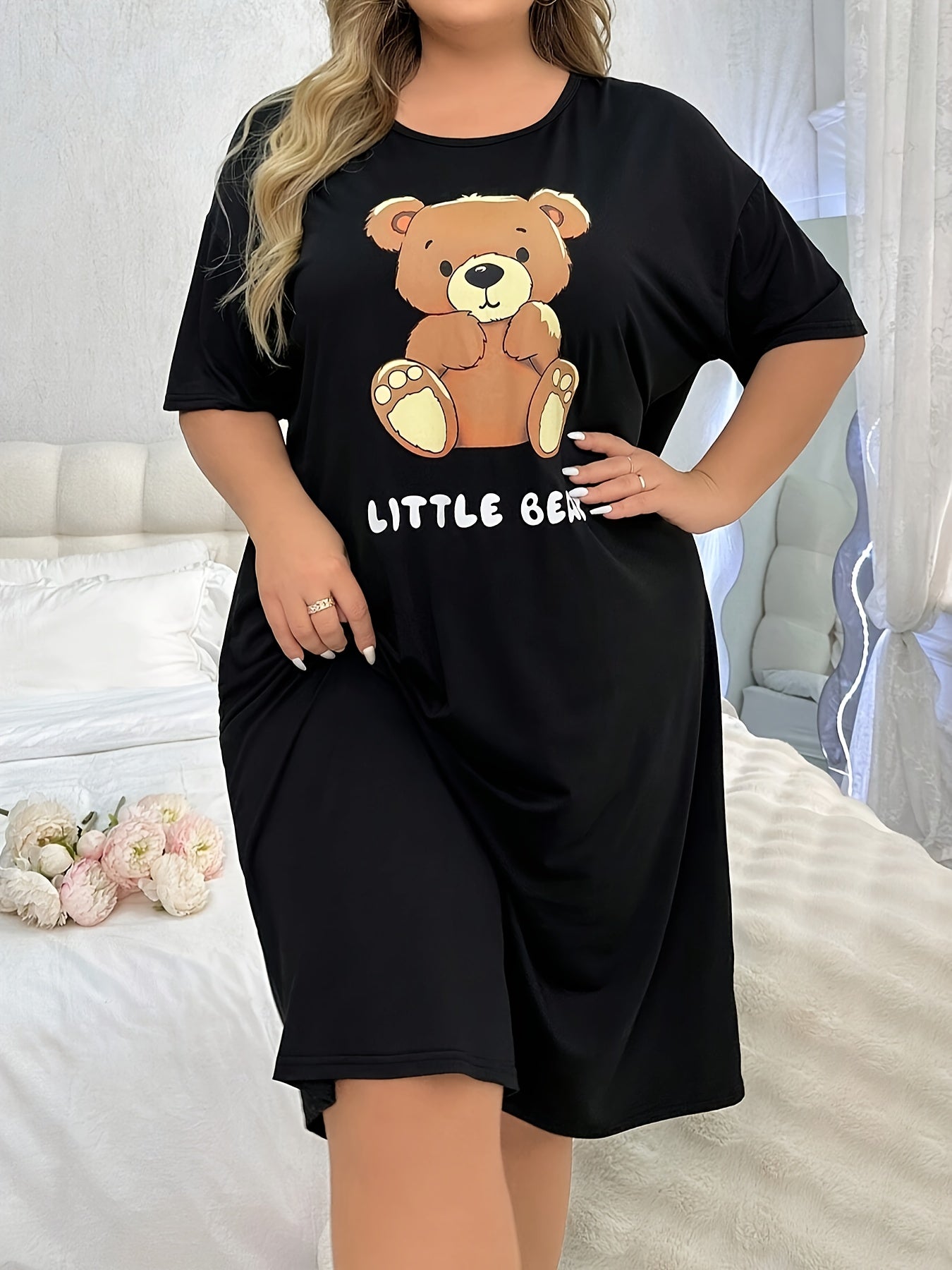 Женское ночное платье больших размеров с коротким рукавом, мультяшный медведь, ночная одежда