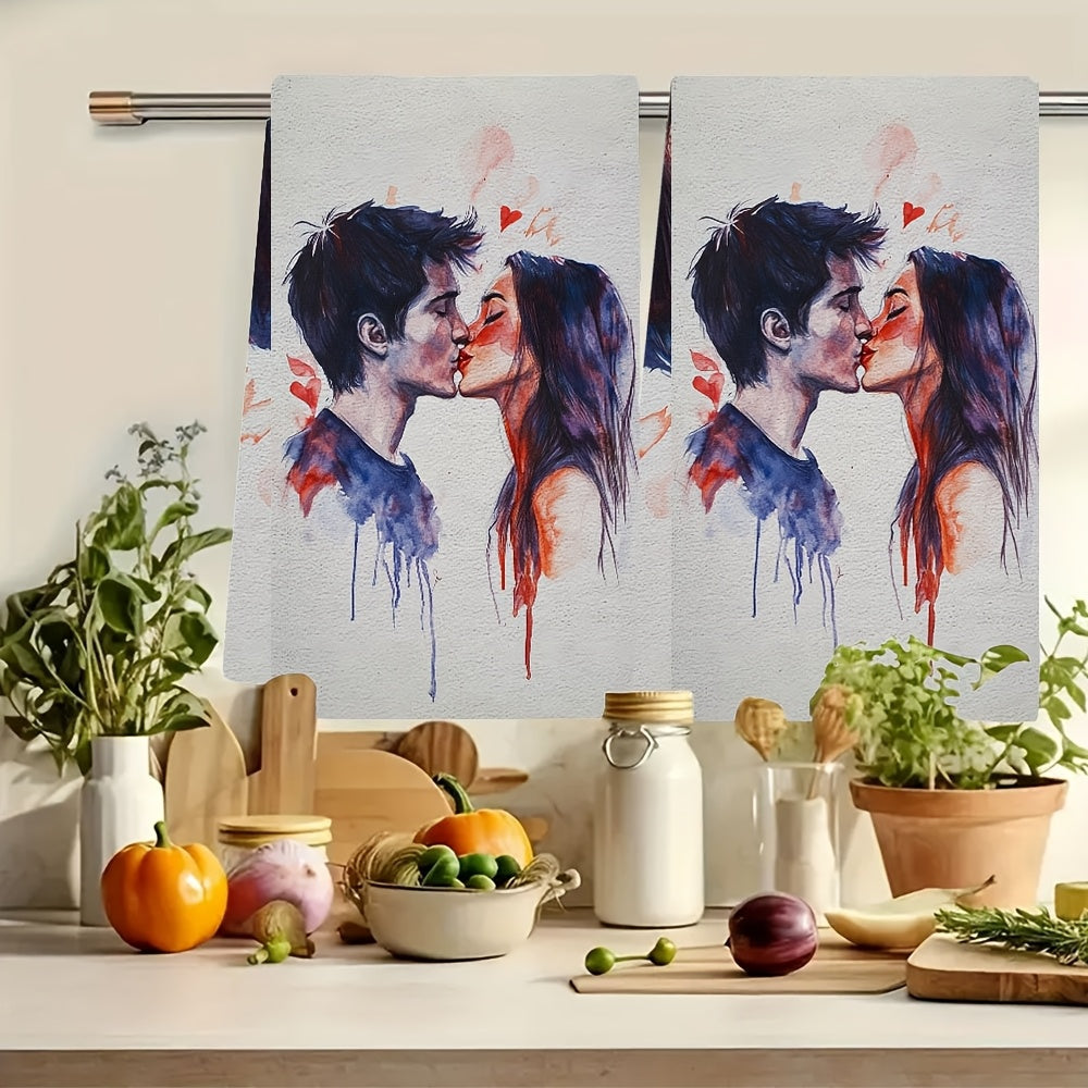 Set Of 2 Valentine Kiss Kitchen Towels, Ultra-Soft, Absorbent, 16x24 Inches
