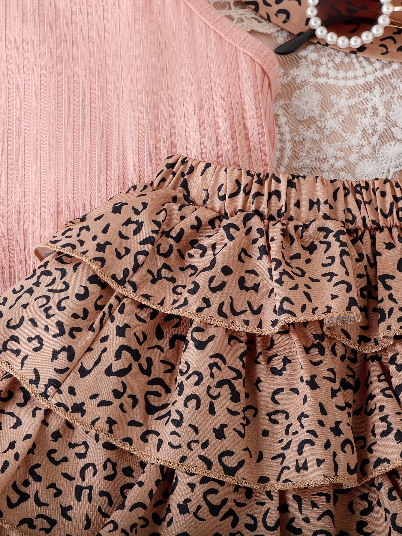 Girls Summer Outfit Set with Leopard Print Bandeau Top Tiered Skirt and Hat for Kids