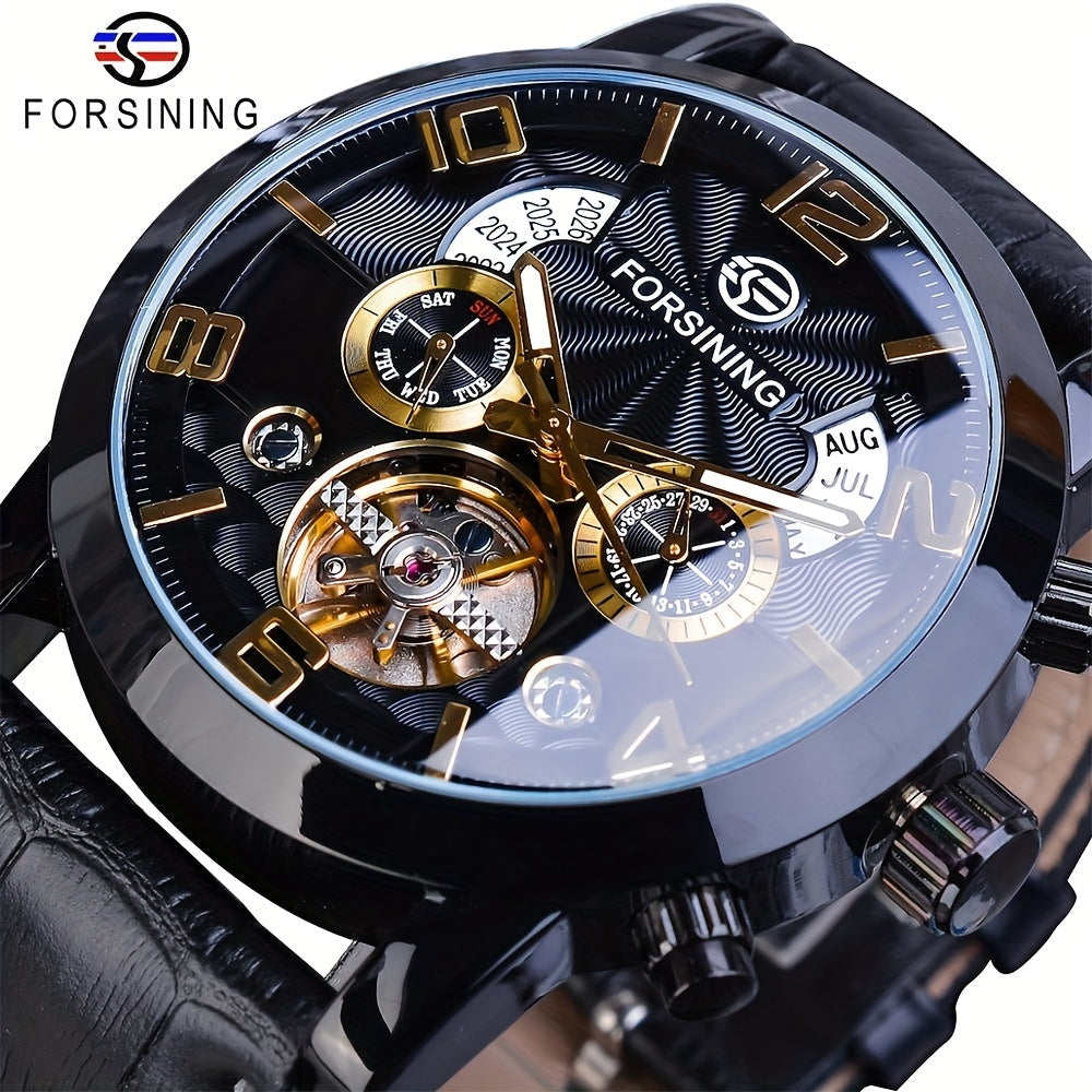 Men's Automatic Mechanical Watch Black Gold Wave Dial Multifunction Tourbillon