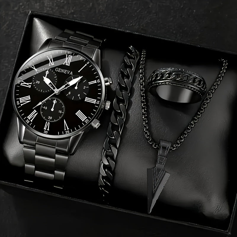 Men's Stainless Steel Business Watch Set with Quartz Dial Necklace Bracelet Ring