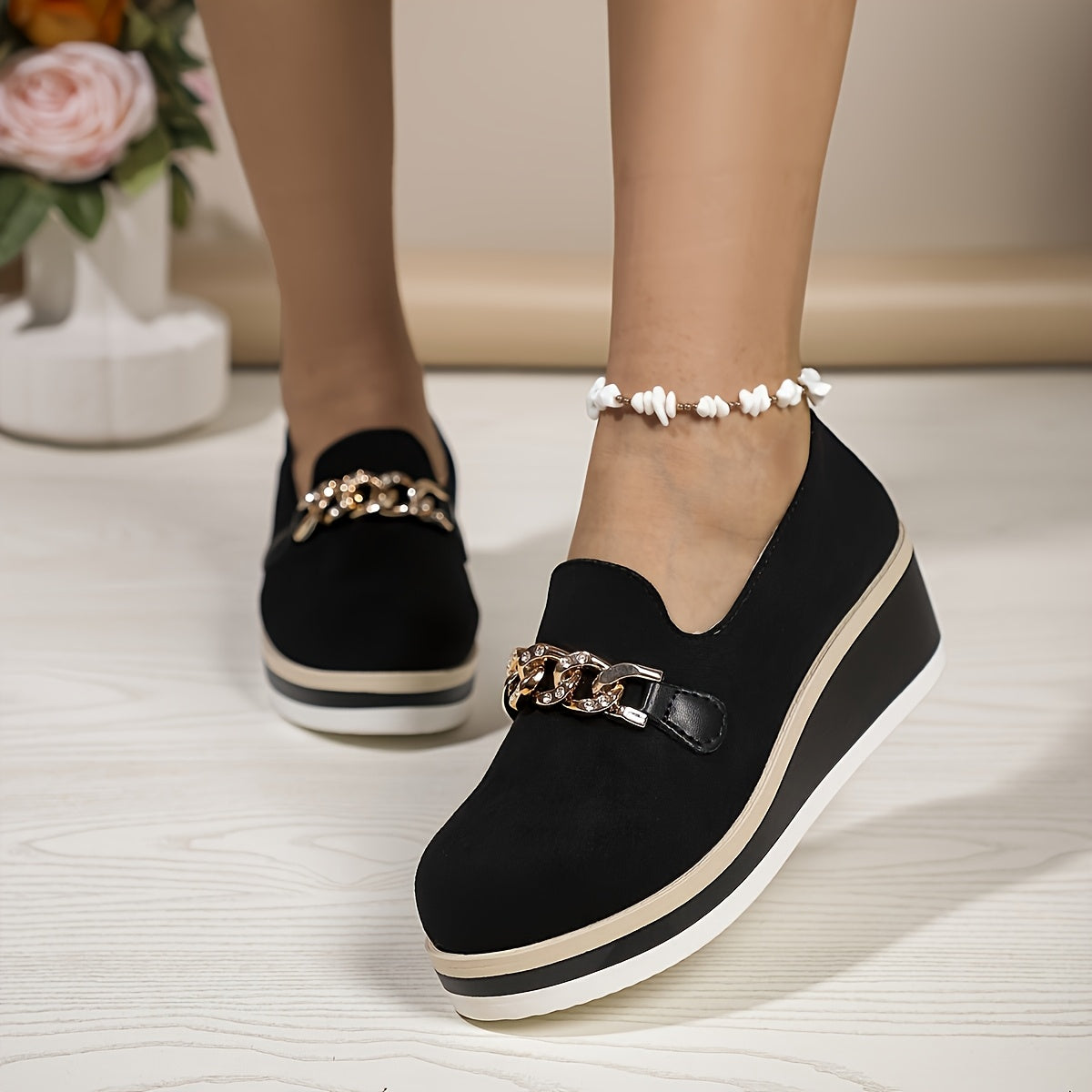 Women's Black Slip-On Loafers with Gold Chain Rhinestone Accents